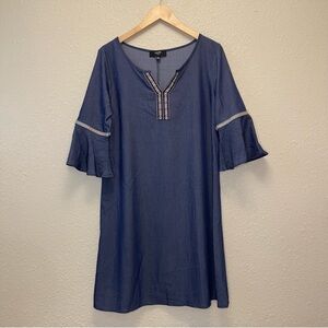 NAIF Petite Denim Blue Peasant Style A-Line Bell Sleeve V-neck Trim Dress PM